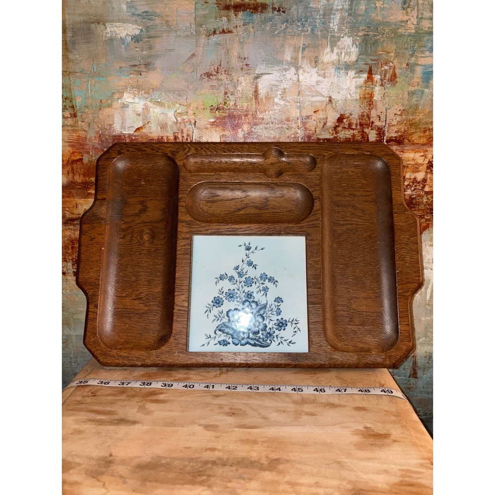 Vintage Wood Appetizer‎ Serving Tray Removable Blue Floral Ceramic Tile 14.5in